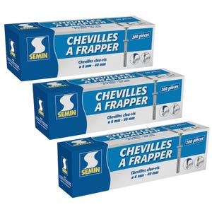 Cheville Clous Vis à Frapper Semin, 6 x 40 mm, Boite de 200 (lot de 3)