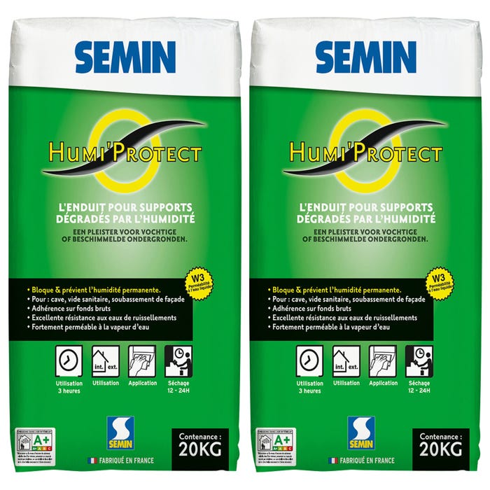 Semin Enduit Spécial Maçonnerie Humides Humi'Protect - Intérieur/Extérieur - Poudre - Sac de 20 kg (Lot de 2)