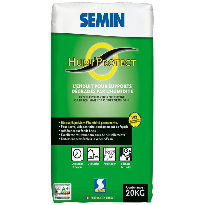 Semin Enduit Spécial Maçonnerie Humides Humi'Protect - Intérieur/Extérieur - Poudre - Sac de 20 kg