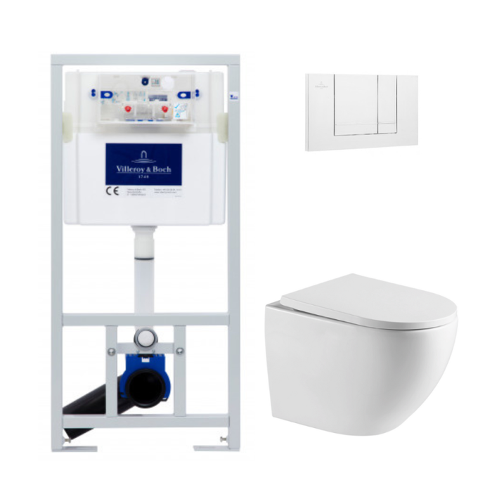 Villeroy & Boch Pack WC Bâti-support + WC sans bride Swiss Aqua Technologies + Plaque de déclenchement double, Blanche (ViConnectFusionTQ-2)