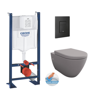 Grohe Pack WC Bâti-support RAPID SL + WC sans bride gris mat et fixations invisibles + Plaque noir mat (RapidSL-GreyBello-KF0)
