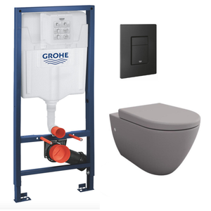 Grohe Pack WC Bâti-support RAPID SL + WC sans bride gris mat et fixations invisibles + Plaque noir mat (RapidSL-GreyBello-KF0)