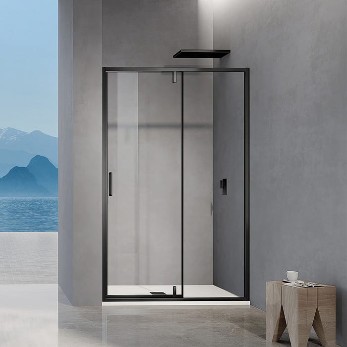 GRAND VERRE Porte de douche pivotante 140x195 avec élément fixe et cadre en aluminium noir mat