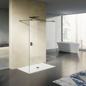 GRAND VERRE Paroi de douche fixe 90x200 avec deux barres de fixation 140cm en aluminium noir mat