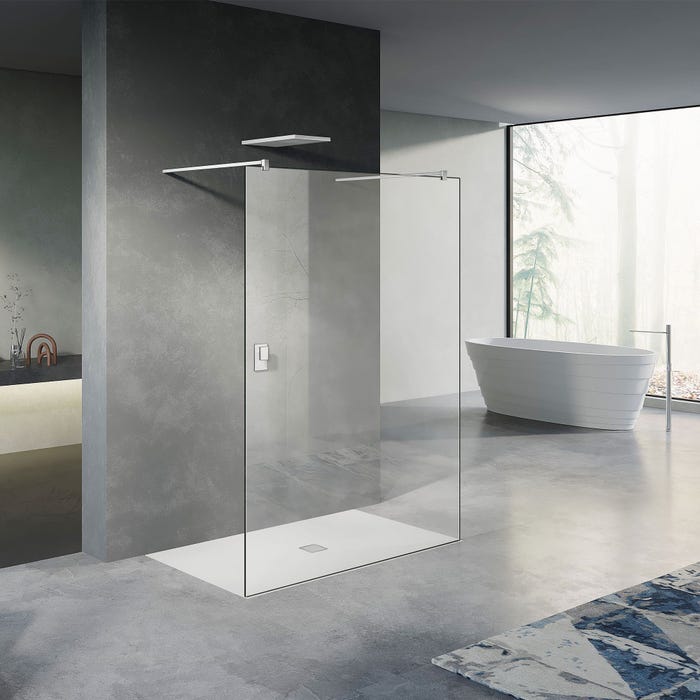 GRAND VERRE Paroi de douche fixe 120x200 avec deux barres de fixation 140cm en aluminium blanc mat