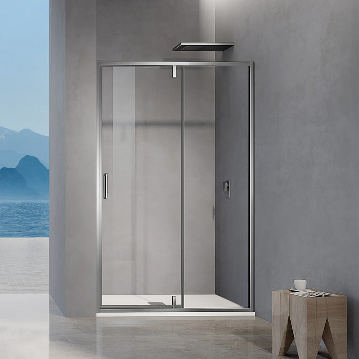 GRAND VERRE Porte de douche pivotante 120x195 avec élément fixe et cadre en aluminium chromé