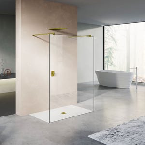 GRAND VERRE Paroi de douche fixe 110x200 avec deux barres de fixation 140cm en aluminium doré