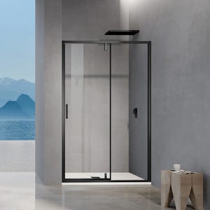 GRAND VERRE Porte de douche pivotante 90x195 avec élément fixe et cadre en aluminium noir mat