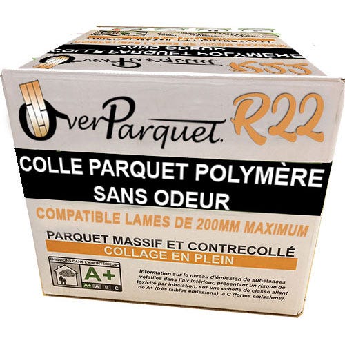 Colle pour parquet polymère OVERPARQUET R22 classé A+ (pot de 15kg) - COMPATIBLE POUR LES LAMES DE 200MM DE LARGE MAXIMUM