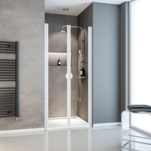 Schulte porte de douche 2 battants, porte de douche battante en niche, 90 x 180 cm, verre 5 mm transparent, profilé blanc, Sunny