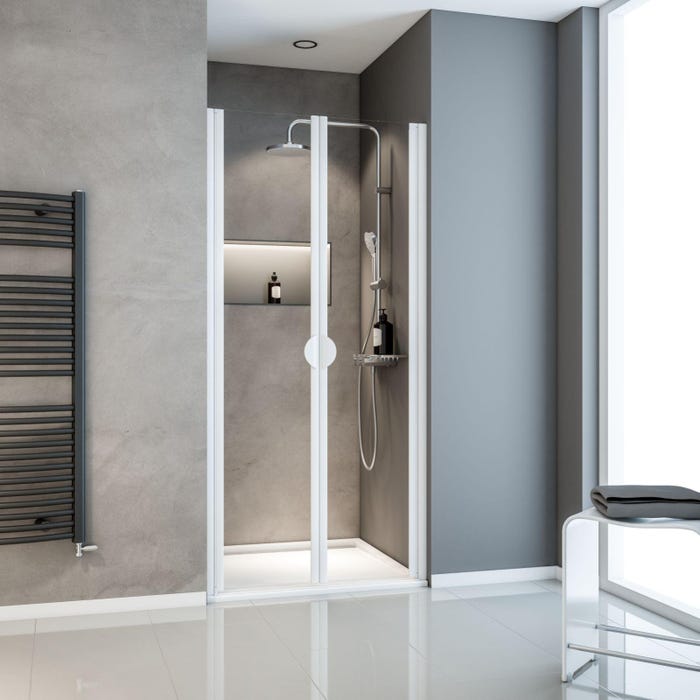 Schulte porte de douche 2 battants, porte de douche battante en niche, 90 x 180 cm, verre 5 mm transparent, profilé blanc, Sunny