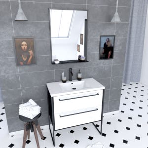 Pack meuble de salle de bain 80x50 cm - 2 tiroirs blanc - vasque blanche + miroir noir mat