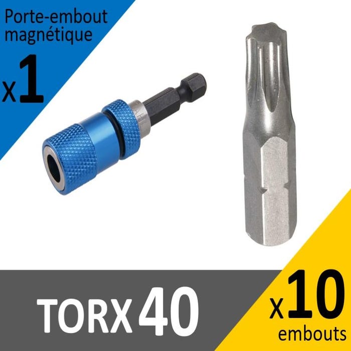 Sachet de 10 embouts de vissage TORX 40 + Porte embout magnétique 60mm