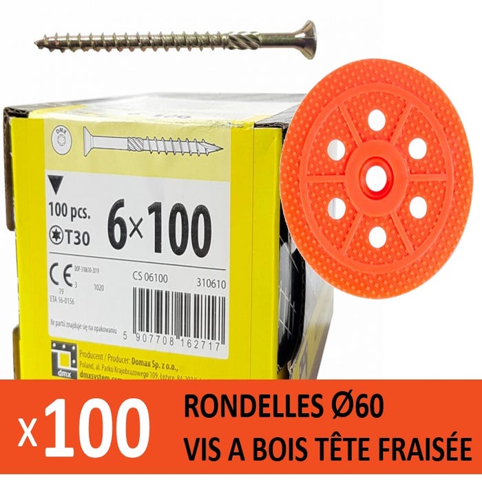 100 Rondelles d'isolation D.60 mm + Vis à bois L. 100 mm