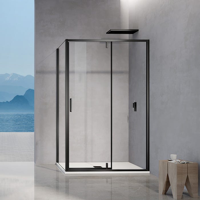 GRAND VERRE Cabine de douche pivotante avec élément fixe et paroi latérale 120x90 hauteur 195cm accessoires en noir mat