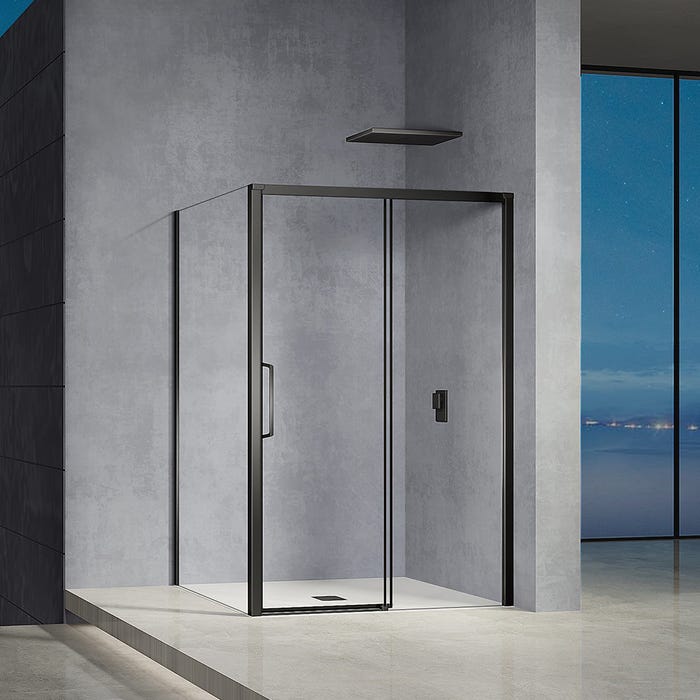GRAND VERRE Cabine de douche 120x70 avec ouverture coulissante accès de face profilés noirs mat