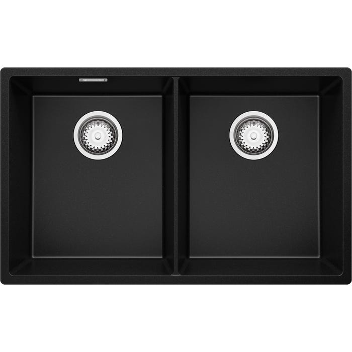 Évier Cusine en Granit Noir 76x47 cm, Lavabo Cuisine 2 Bacs + Kit de Vidage, Évier au meuble 80cm, Évier à Encastrer de Primagran