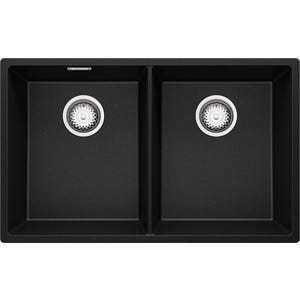 Évier Cusine en Granit Noir Metallic 76x47 cm, Lavabo Cuisine 2 Bacs + Kit de Vidage, Évier au meuble 80cm, Évier à Encastrer de Primagran
