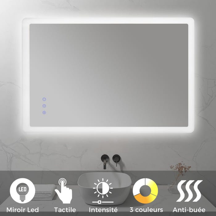 MELLOW Miroir lumineux salle de bain LED 3 couleurs + intensité réglable & fonction anti-buée 80 x 120 cm
