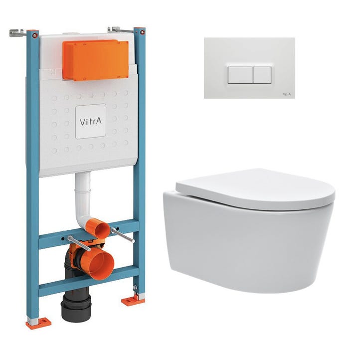 Vitra Pack WC Bâti-support V-Fix Core + WC SAT sans bride et fixations invisibles + Plaque, Blanc brillant (V-FixSATrimless-1)