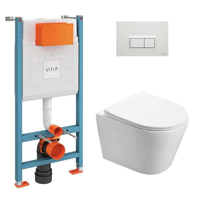 Vitra Pack WC Bâti-support V-Fix Core + WC Swiss Aqua Technologies Infinitio sans bride + Plaque, Blanc brillant (V-FixInfinitio-1)