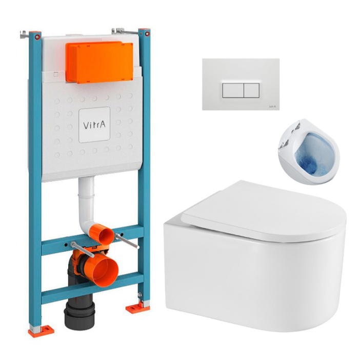 Vitra Pack WC Bâti-support V-Fix + WC sans bride SAT Delano + Abattant SoftClose + Plaque, Blanc Brillant (V-FixDelano-1)