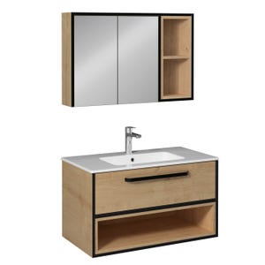 CAVALLI Meuble salle de bain 90 cm coloris Chêne avec vasque encastrée + miroir armoire