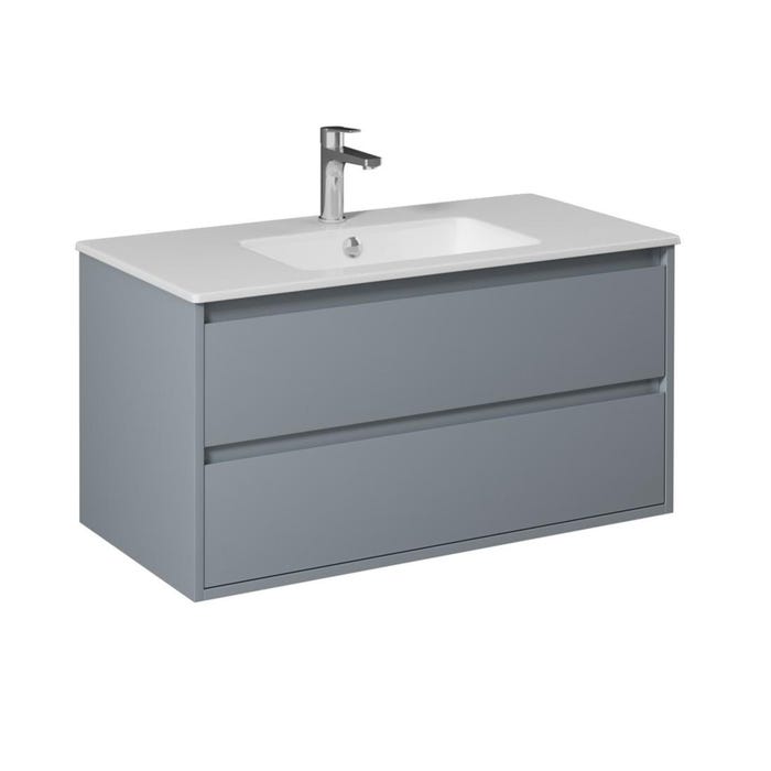 PRO Meuble salle de bain avec simple vasque 2 tiroirs Gris clair laqué largeur 90 cm