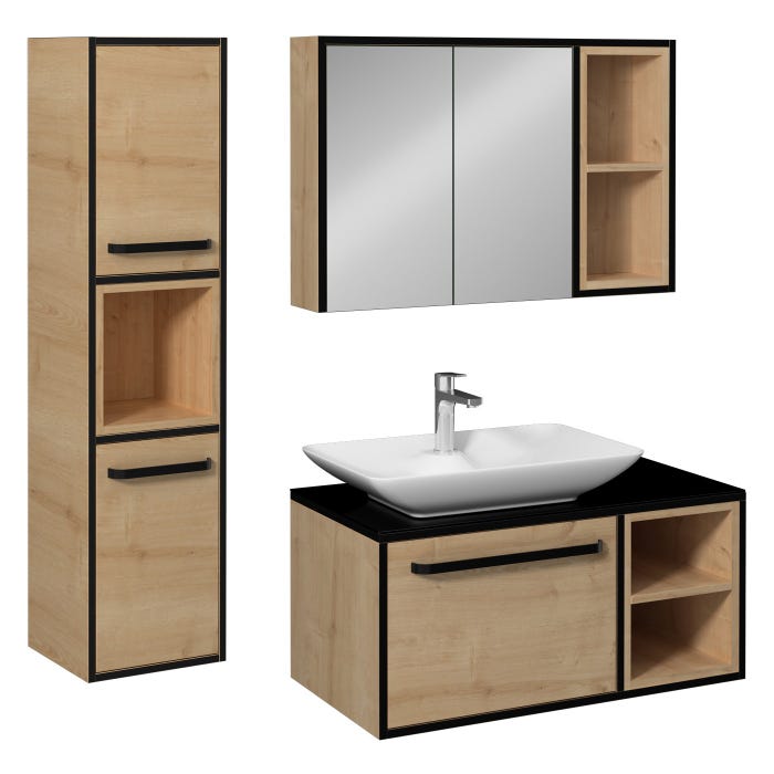 CAVALLI-VP Meuble salle de bain 90 cm coloris Chêne et vasque à poser + miroir armoire + colonne murale (À GAUCHE)