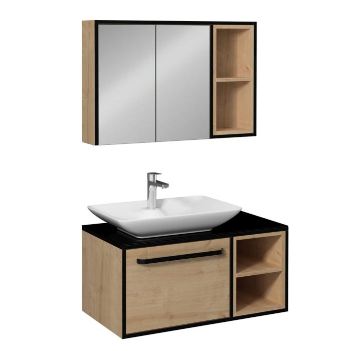 CAVALLI-VP Meuble salle de bain 90 cm coloris Chêne et vasque à poser + miroir armoire