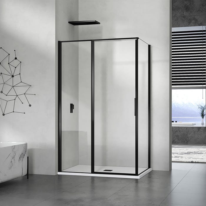 GRAND VERRE Cabine de douche 100x90 en verre avec profilés en alu noir mat à ouverture pivotante avec partie fixe