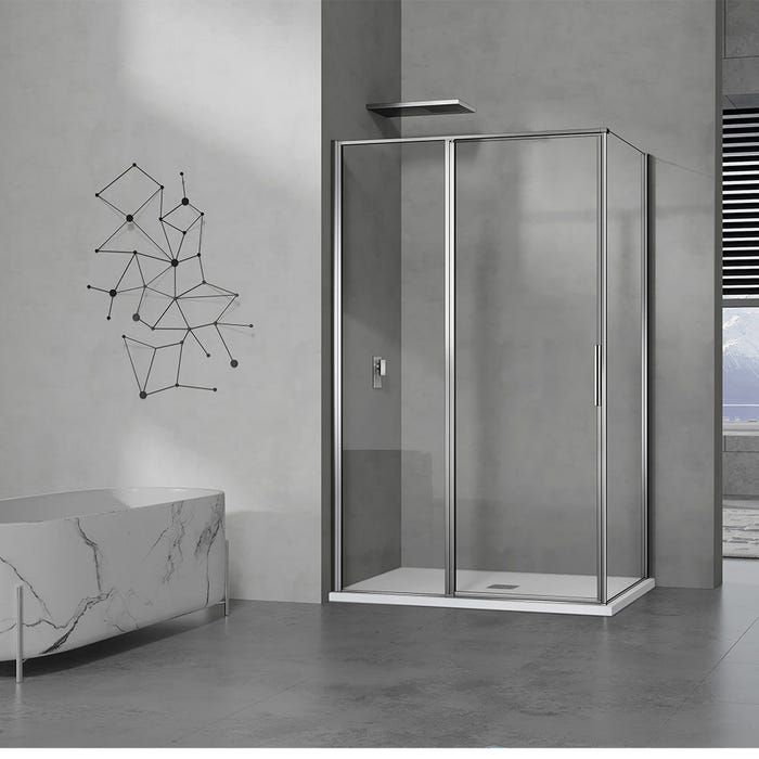 GRAND VERRE Cabine de douche 100x90 en verre avec profilés en alu chromé à ouverture pivotante avec partie fixe