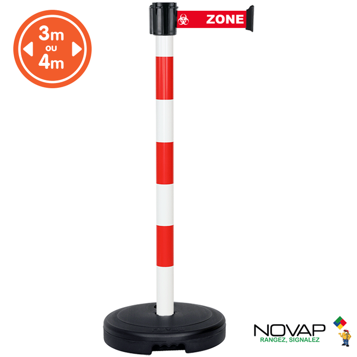 Poteau PVC Rouge/Blanc à sangle Rouge zone contaminée 4m x 50mm sur socle 9kg à lester - 2800358