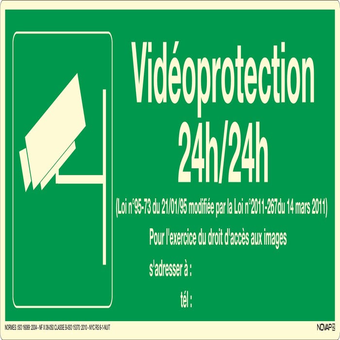 Panneau photoluminescent vidéo protection 24h/24h - Rigide 330x120mm - 4063614