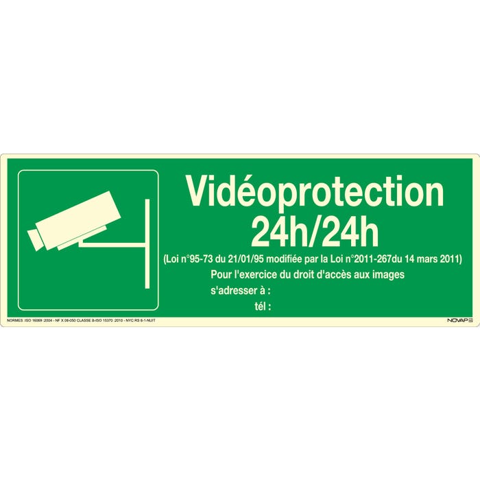 Panneau photoluminescent vidéo protection 24h/24h - Rigide 330x120mm - 4063614