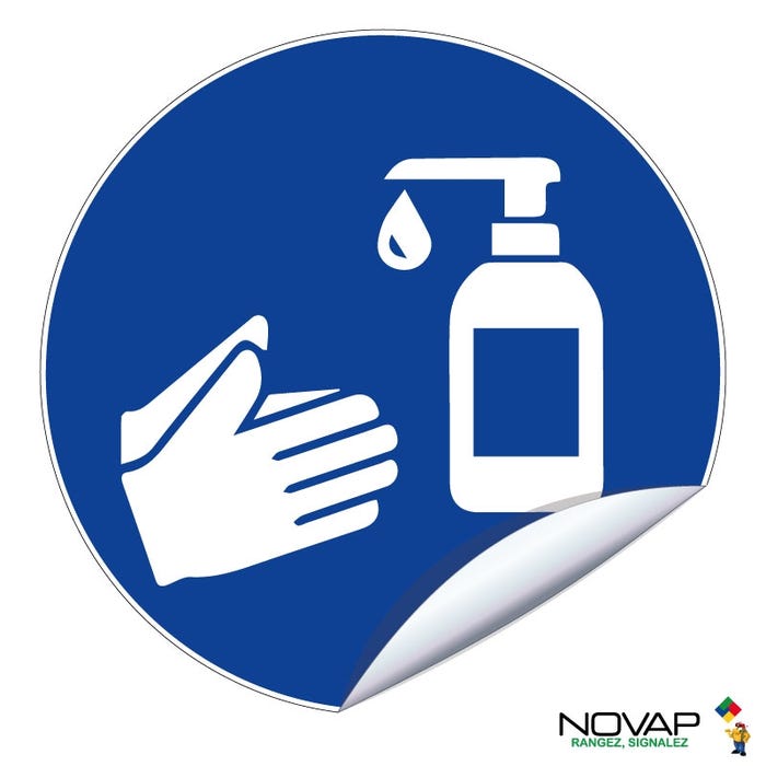 Panneau Obligation de se laver les mains avec du gel hydroalcoolique - Adhésif Ø180mm - 4234465