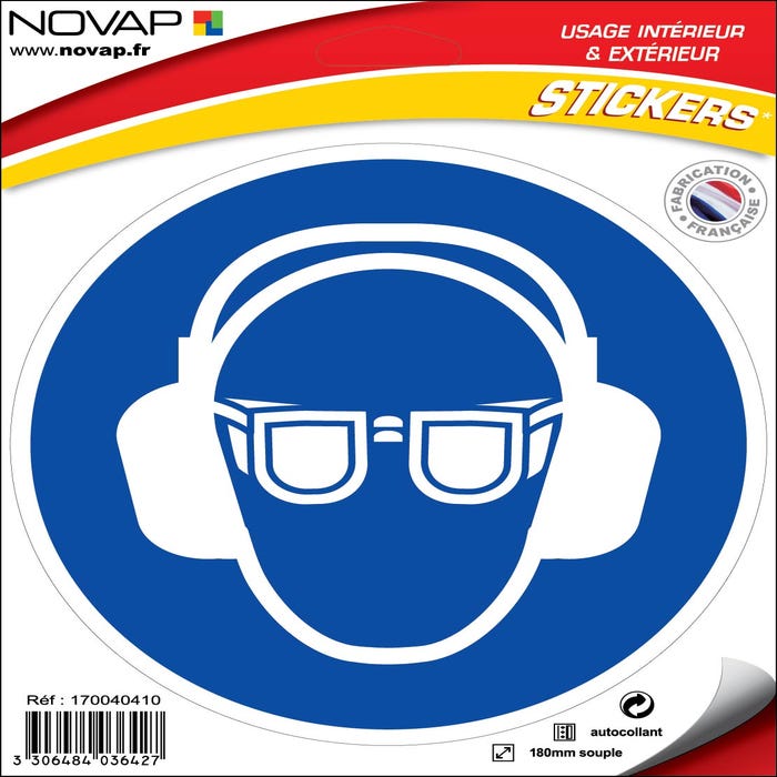 Panneau Obligation de porter des lunettes et un casque anti-bruit - Vinyle adhésif Ø180mm - 4036595