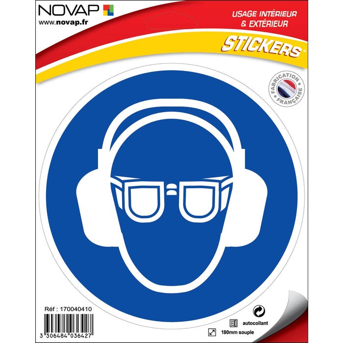 Panneau Obligation de porter des lunettes et un casque anti-bruit - Vinyle adhésif Ø180mm - 4036595