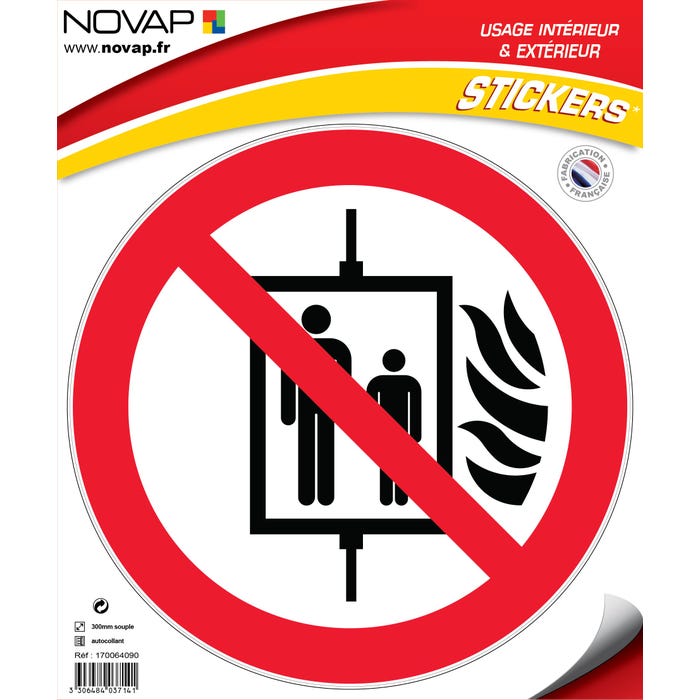 Panneau Interdiction d'utiliser l'ascenseur en cas d'incendie - Vinyle adhésif Ø300mm - 4037141