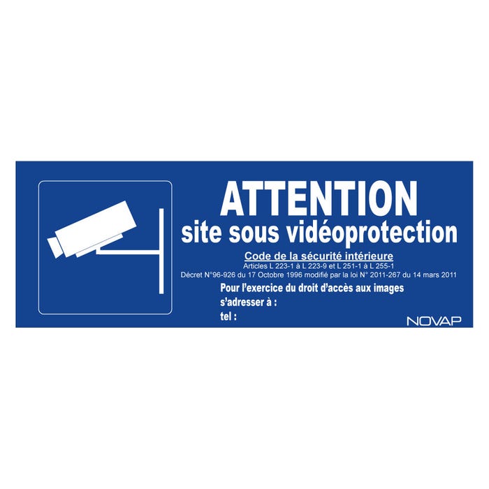 Panneau bleu Attention site sous vidéoprotection avec pictogramme - Rigide 330x120mm - 4141114