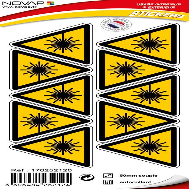 Planche 10 Stickers Triangle 50mm - Danger rayonnement laser - 4252124