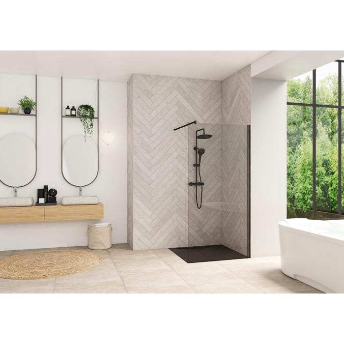 Paroi de douche fixe avec barre de renfort haute SMART Design solo largeur 130 cm hauteur 1,98m profilé noir verre transparent