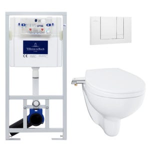 Villeroy & Boch Pack WC bâti-support + WC Bau Ceramic sans bride + Abattant lavant + Plaque blanche