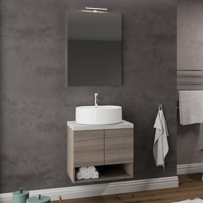 OSLO Meuble 2 portes pour vasque à poser Chêne fumé & plan gris béton largeur 60 cm + miroir