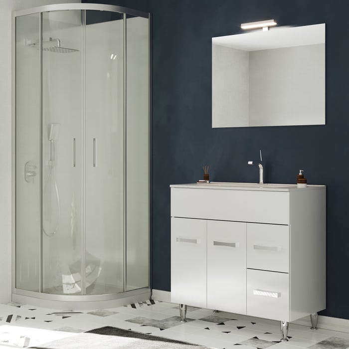 MADRID Meuble salle de bain sur pieds simple vasque Blanc L. 80 cm + miroir