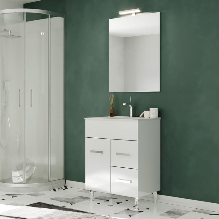 MADRID Meuble salle de bain sur pieds simple vasque Blanc L. 60 cm + miroir