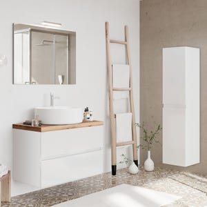 CITY Ensemble meubles blanc avec plan pour vasque à poser chêne naturel L. 80 cm + miroir + colonne murale