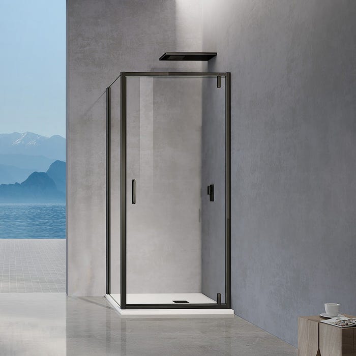 GRAND VERRE Cabine de douche 100x80x195 porte pivotante verre transparent et accessoires noirs