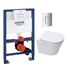 Grohe Pack WC Bâti-support Rapid SL + WC Swiss Aqua Technologies Infinitio sans bride + Plaque Chrome (RapidSL082-Infinitio-1)