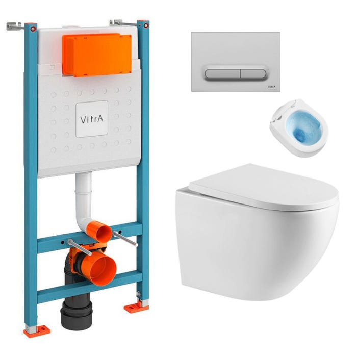 Vitra V-Fix Core Pack Bâti-support + WC sans bride SAT + Abattant SoftClose + Plaque Chrome Mat (V-FixFusionTQ-5)